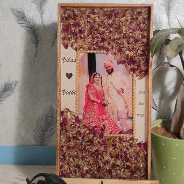 Personalized Rectangular Resin Varmala Flower Preservation in Wooden Frame, Pearls in Floral Design, Couple Names & Wedding Date (12X24 Inch)