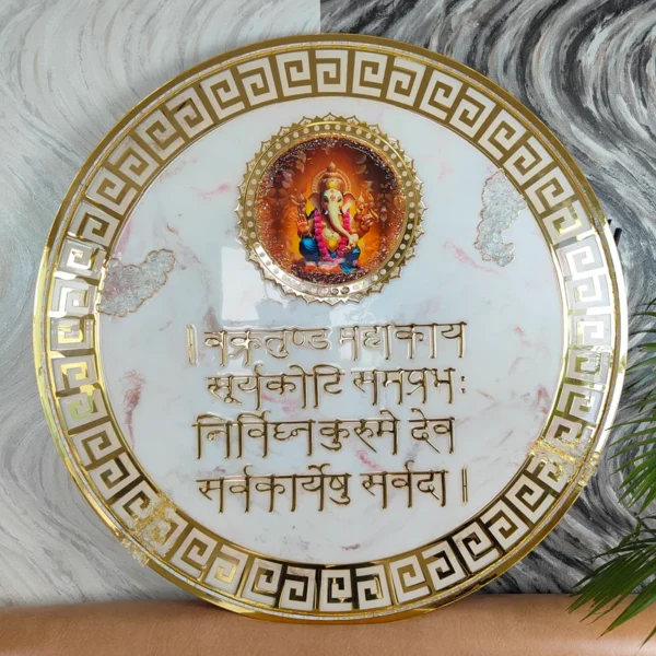 Resin Ganesha Mantra Frame: LED Lights, White Marble Texture, and Golden Design for Pooja Room Ambiance And Home Decor