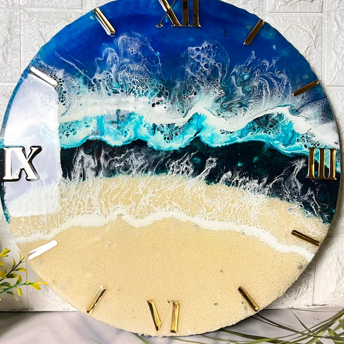 Blue ocean wave resin wall clock with gold Roman numerals
