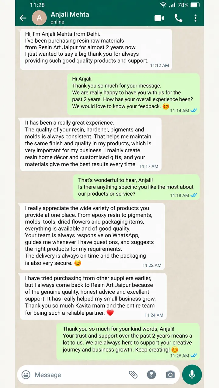 Customer review on WhatsApp from Anjali Mehta, Delhi