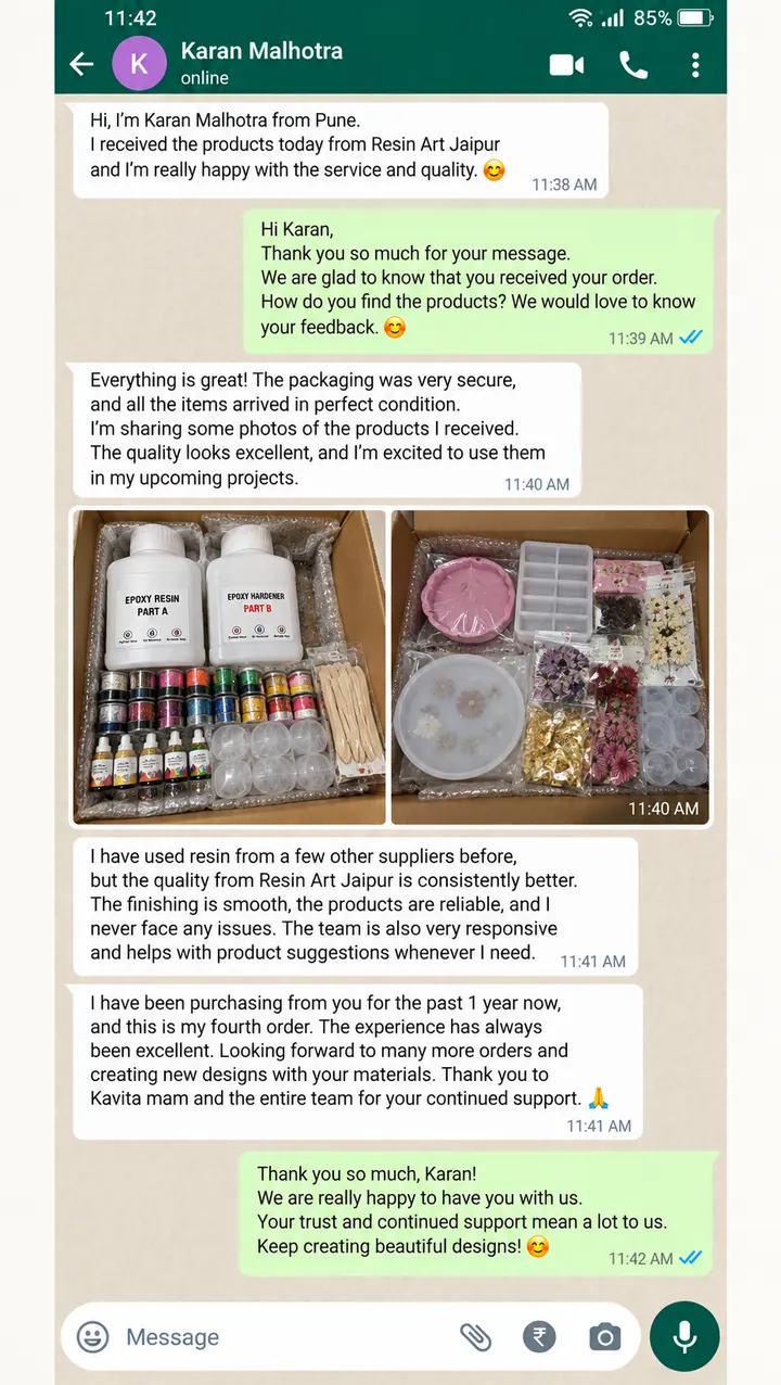 Customer review on WhatsApp from Karan Malhotra, Pune