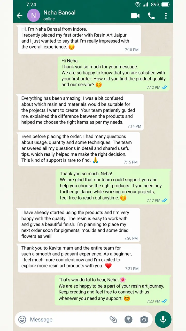 Customer review on WhatsApp from Neha Bansal, Indore