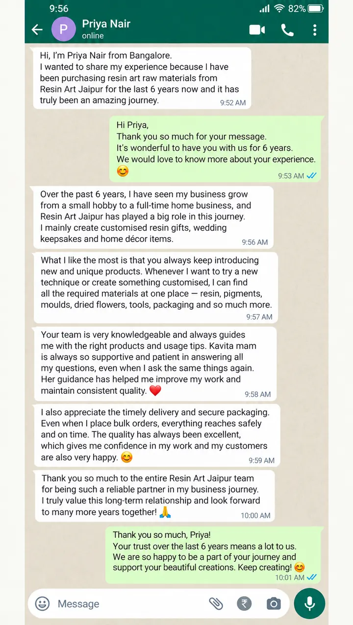Customer review on WhatsApp from Priya Nair, Bangalore