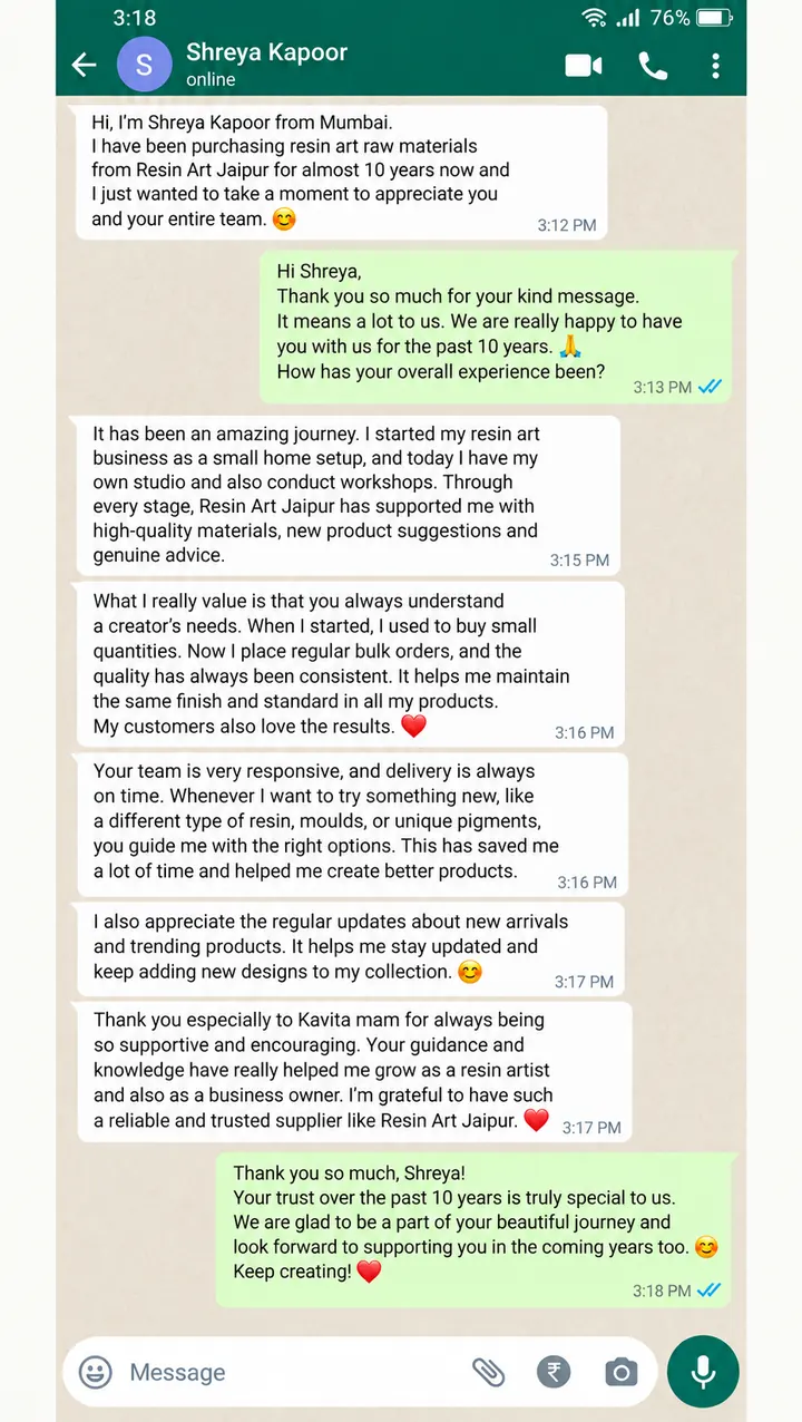 Customer review on WhatsApp from Shreya Kapoor, Mumbai