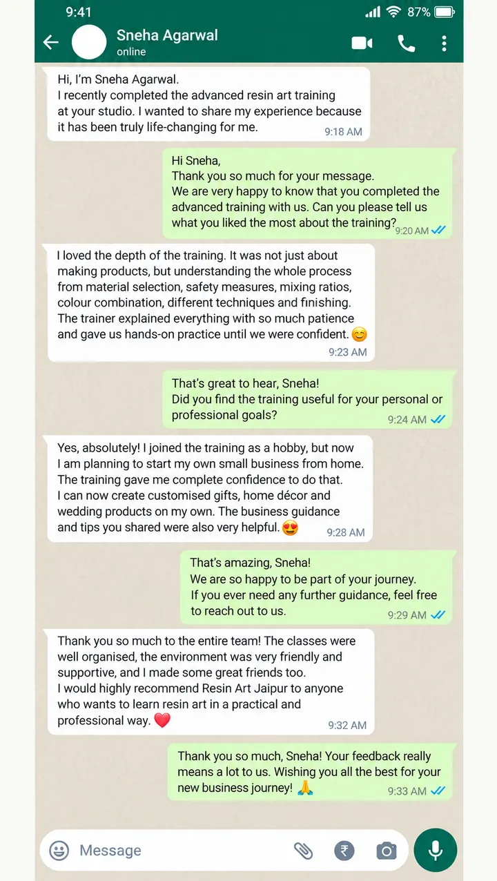 Student review on WhatsApp from Sneha Agarwal