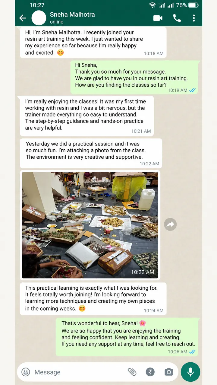 Student review on WhatsApp from Sneha Malhotra